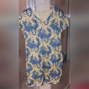 Talbot's Blue Yellow Floral Bird Print Cotton Dress 16 Petite
